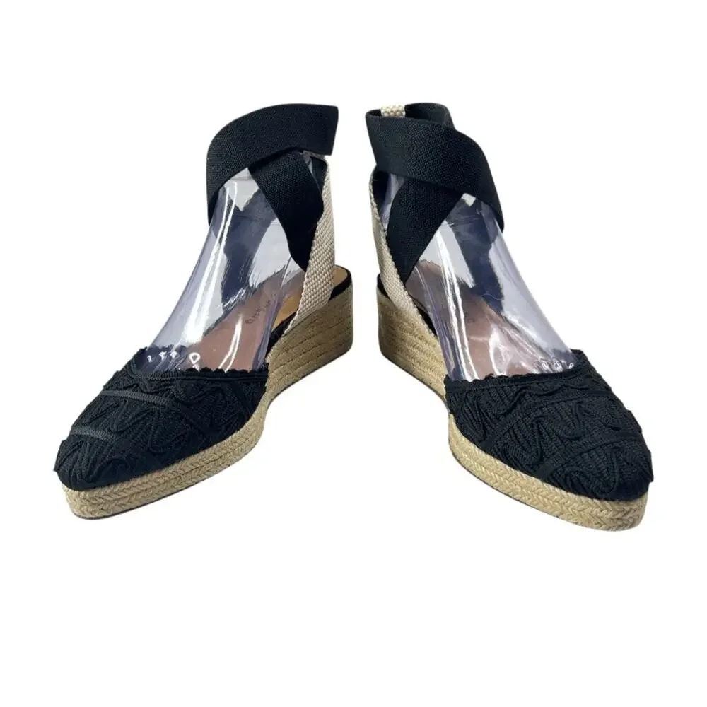 Lucky Brand Luvnia Macrame Espadrille Wedge Sandals 7.5 Black Bohemian